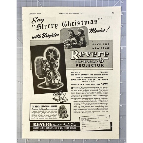 Revere Camera Co. Standard 8 Projector "Say Merry Christmas" Vtg Print Ad 1940 - Picture 2 of 3